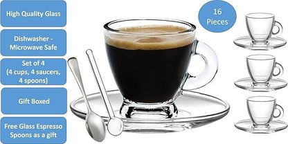 BOHEM'S Espresso Cups, 3.2 oz Small Demitasse Clear Glass Espresso Drinkware, Set Of Cups, Saucers and Stainless Steel mini Spoons + Free Glass Spoons (set of 4)