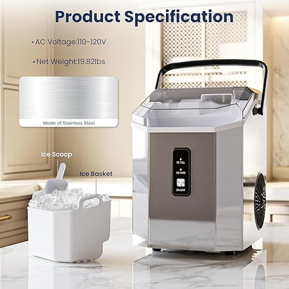 Antarctic Star Nugget Ice Makers Countertop with Self-Cleaning, 35lbs/24H, Portable Sonic Ice Maker Machine with Handle/Basket/Scoop for Home, Kitchen, Office, Camping(Stainless Steel Silver)