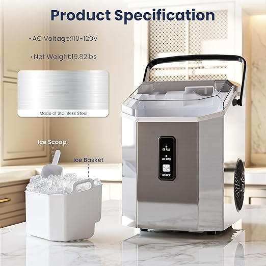 Antarctic Star Nugget Ice Makers Countertop with Self-Cleaning, 35lbs/24H, Portable Sonic Ice Maker Machine with Handle/Basket/Scoop for Home, Kitchen, Office, Camping(Stainless Steel Silver)