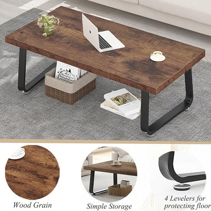 HSH Wooden Coffee Table, Industrial Rectangle Center Table, Modern Minimalist Coffee Table for Living Room, Farmhouse Wood and Metal Cocktail Tea Table for Bedroom Home Office, Rustic Brown, 47 in