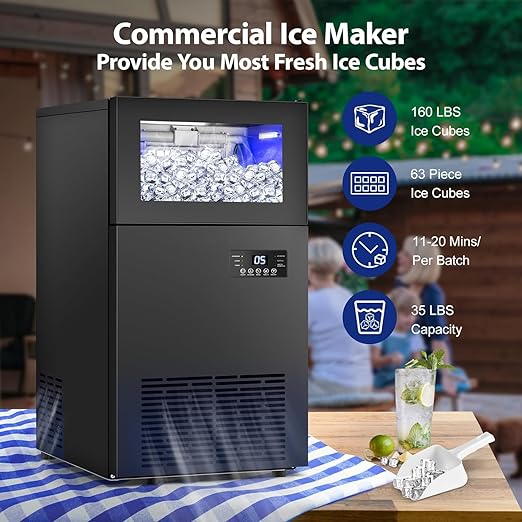 Commercial Ice Maker 160 LBS/24H, 15" Wide Under Counter Ice Maker with 35LBS Ice Storage Capacity, Commercial Ice Machine 63Pcs Clear Ice Cubes Built-in or Freestanding Large Ice Machine