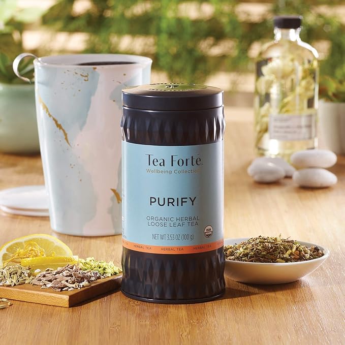 Tea Forte Purify Premium Organic Loose Leaf Caffeinated Herbal Tea Blend Canister, Makes 35-50 Cups