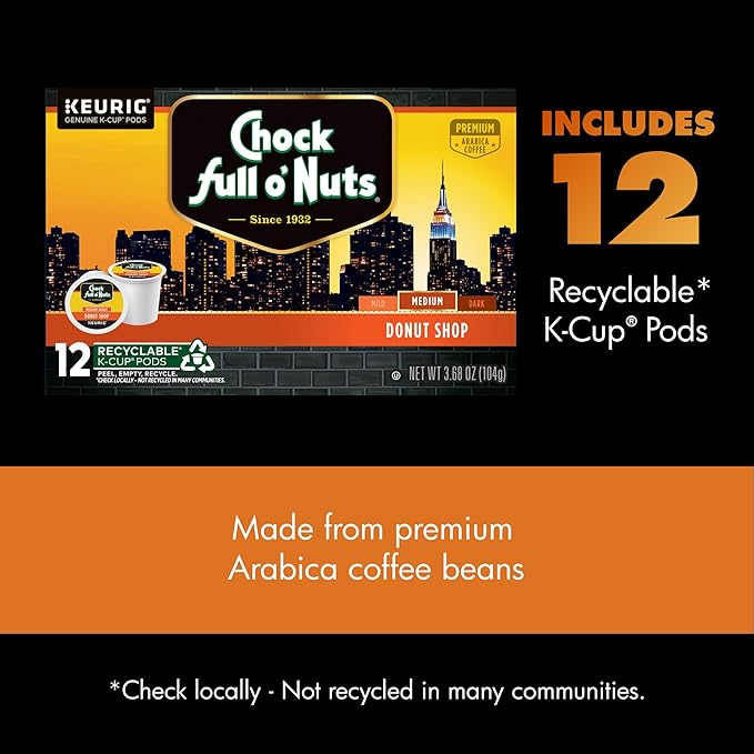 Chock full o’Nuts Heavenly Hazelnut Keurig K-Cup Pods for Keurig Brewers – Premium Arabica, Medium Roast – Single Serve – 1 Pack of 12 K-Cup Pods