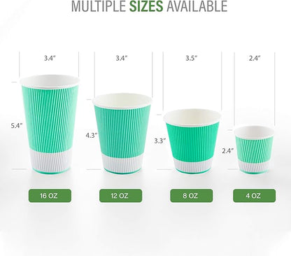 Restaurantware 8 Ounce Double Wall Disposable Coffee Cups, 500 Insulated Light Green Paper Tumblers Ripple Wall Design, Lids Sold Separately for Hot Drinks like Tea, Hot Chocolate and More