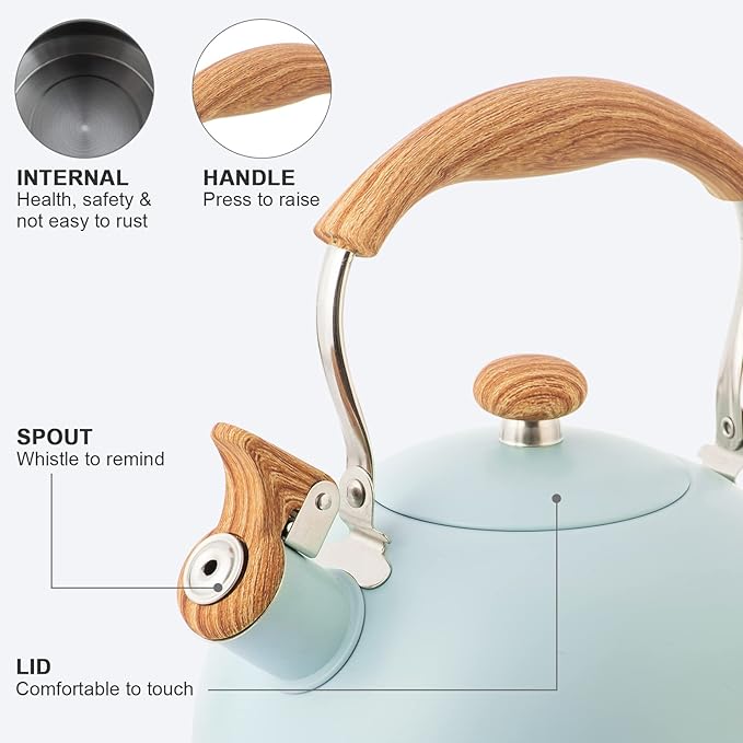 Whistling Stainless Steel Diamond Pattern Tea Kettle with Wood Grain Anti Heat Handle, Stainless Steel Cover Wood Grain Nylon Cover Top Tea Pot (Green)