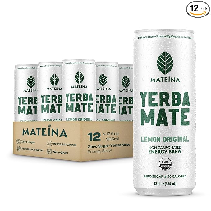 Mateina Yerba Mate Zero Sugar Energy Drink – 120mg Natural Caffeine – Organic, Non-GMO, Non-Carbonated – Dr. Andrew Huberman Recommended – 12 Pack (12oz Cans) (12 Pack, Lemon Original)