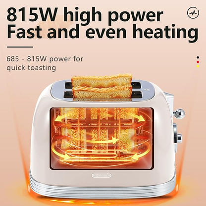 Beige Cute Retro Toaster 2 Slice with 1.58" Wide Slots, Bread toaster with Cover and Warm Rack, Stainless Steel Toaster with Removable Crumb Tray, Preheat, Defrost, Cancel Function (Cream)