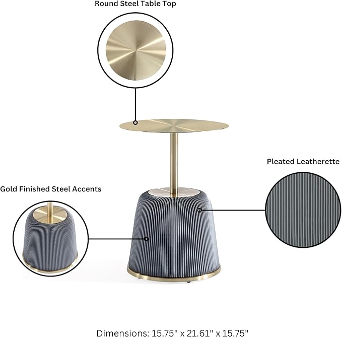 Manhattan Comfort Modern Anderson Coffee Table, 1.0 & 2.0 End Table, Upholstered in Grey Leatherette with Ceramic Faux Tabletop and Gold Metal Tabletop- Set of 3