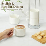 Load image into Gallery viewer, 10 Ounce White Porcelain Stackable Cappuccino Cups with Stainless Steel Holder, Set of 4, Durable Ceramic, Perfect for Home, Office, or Gift