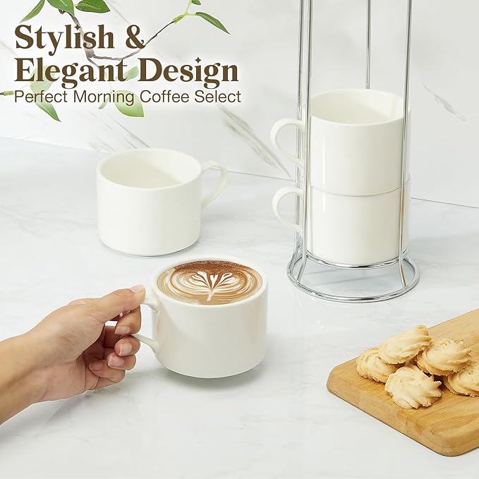 10 Ounce White Porcelain Stackable Cappuccino Cups with Stainless Steel Holder, Set of 4, Durable Ceramic, Perfect for Home, Office, or Gift