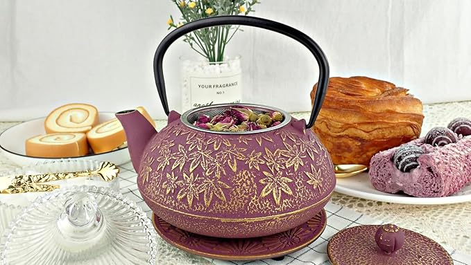 Large Japanese Cast Iron Teapot Capacity 40Oz with Trivet and Loose Leaf Tea Infuser, Cast Iron Tea Kettle Stovetop Safe. Tetsubin Coated with Enamel Interior - Purple Teapot