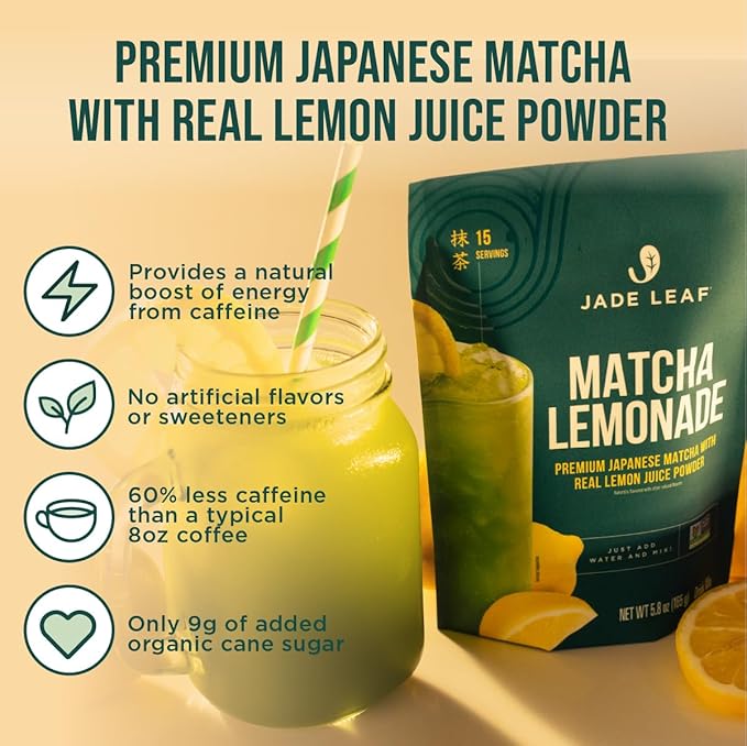 Jade Leaf Matcha Lemonade Mix, Matcha Powder with Real Lemon Juice, Japanese Matcha Green Tea, Barista Crafted Energy Drink (15 Servings, 5.8oz Packet)