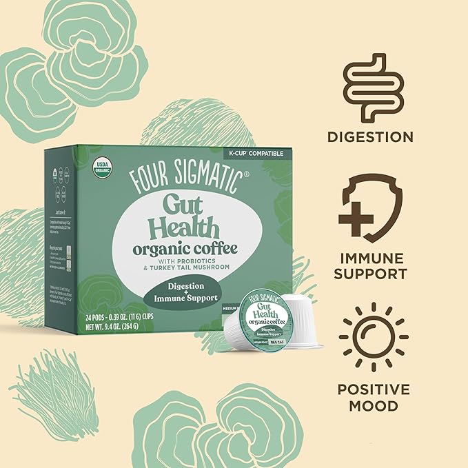 Four Sigmatic Gut Health Organic Coffee Pods | Medium Roast Probiotic K Cups with Chaga and Turkey Tail | Immune Boosting, Probiotic Mushroom Coffee K Cups for Gut Health and Immune Support | 24 Count