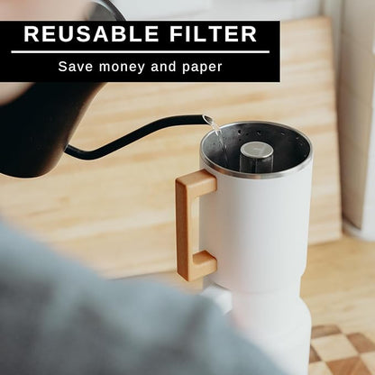 HASTINGS 68 Oz Pour Over Coffee Maker Set with Double Layer Reusable Stainless Steel Filter 8-Cup and Wood Handle - Dual Wall Heat Resistant Drip Coffee Brewer, Pour Over Coffee Dripper Carafe, White