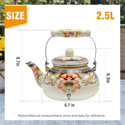 2.5L White Flowered Tea Kettle with Ceramic Handle, Floral Ceramic Enamel Teapot for Stovetop, No Whistle