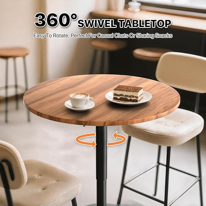 Magshion Round Bar Table, Height-Adjustable 27.5"-36" Tall Pub Tables with Black Leg and Sturdy Base, 360° Swivel Table for Kitchen Bistro Bar Cocktail Table (Brown)