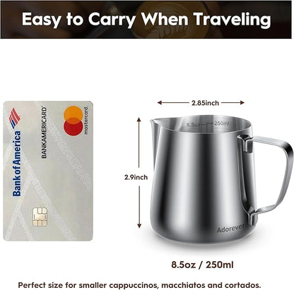 Milk Frothing Pitcher, 8.5oz / 250ml Steaming Pitcher Stainless Steel Espresso Machine Accessories for Coffee Bar, Cappuccino Barista Tools Milk Jug Steamer Frother Cup with Latte Art Pen