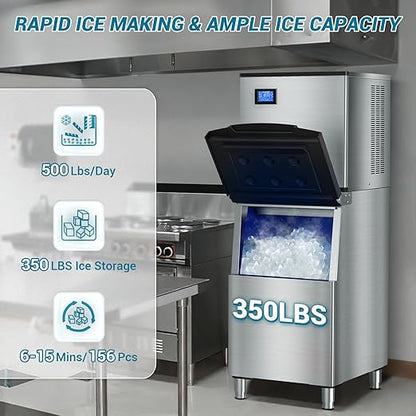 Large Commercial Ice Maker Machine: 500lbs/24H Production, with 350lbs Ice Storage Bucket, 156 Ice Cubes in 6-15 Mins - Stainless Steel Industrial Ice Maker for Restaurant, Bar, Cafe, Commercial Use