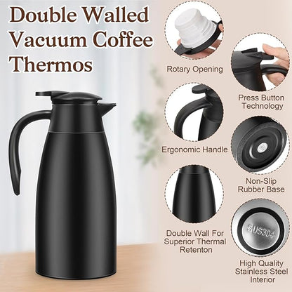 1 PCS 68 OZ Thermal Coffee Carafe, Insulated Stainless Steel Coffee Carafe Double Walled Vacuum Thermal Pot Flask with Brushes Thermos for Keeping Hot Coffee Tea Home and Office (Black)