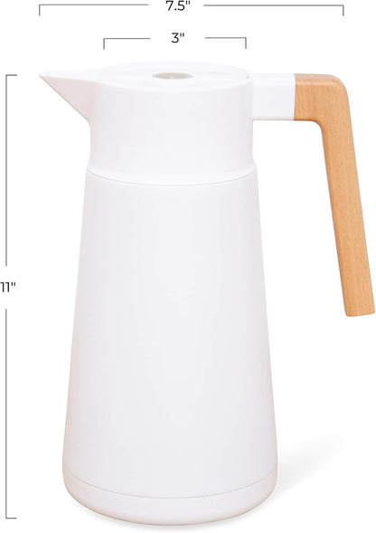 Hastings Collective Thermal Coffee Carafe 68 Oz - Large Stainless Steel Insulated Carafe - 2 Liter Double Walled Vacuum Thermos Coffee and Beverage Dispenser with Tea Infuser and Strainer (White)