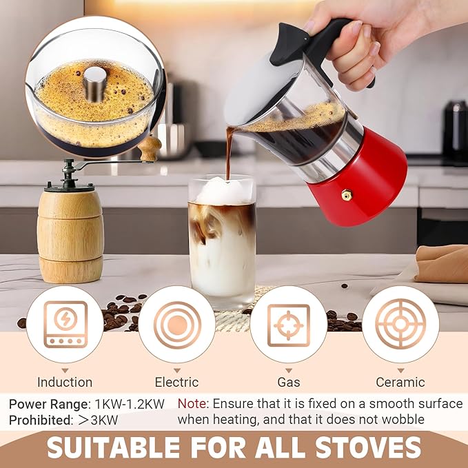 Induction Moka Pot, 4 Cups (7.1 oz) Crystal Glass-Top & Stainless Steel Moka Pot, Classic Stovetop Espresso Maker, Red