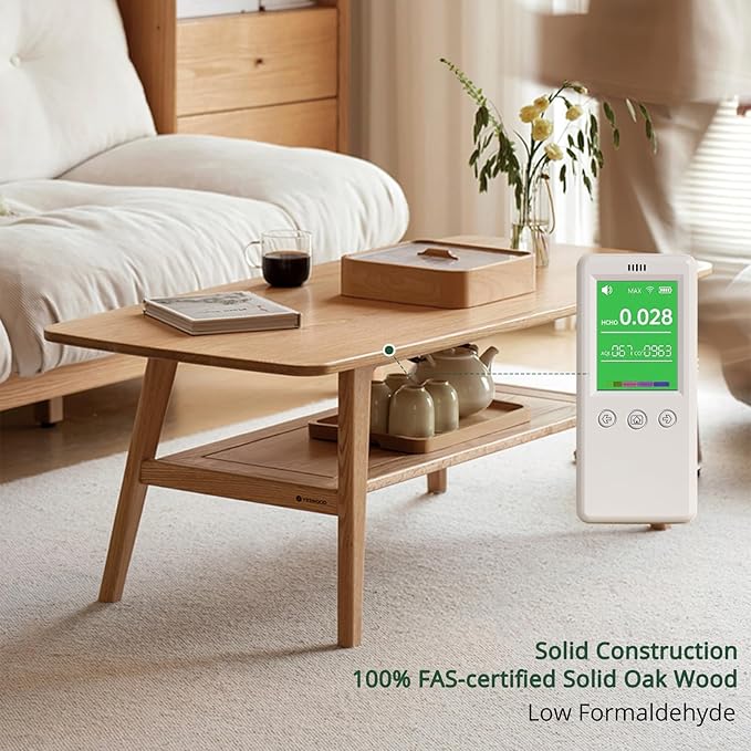 2-Tier Solid Oak Wood Coffee Table - Practical Center Table with Double Storage for Small Apartments, Living Rooms, Bedrooms, and Offices (Natural, 39.37" D x 19.69" W x 17.32" H)