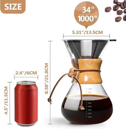 Pour Over Coffee Maker 34 OZ, 10 Cup Borosilicate Glass Drip Coffee Maker with Reusable Stainless Steel Filter and Cork Grip for Home Café 1000 ML