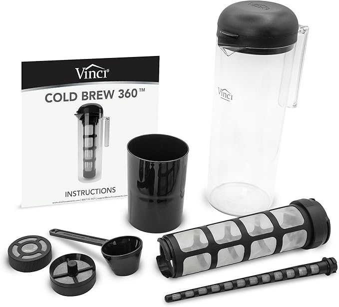 VINCI Cold Brew 360, 1.4L Cold Brew Coffee Maker Featuring Patented Dual Filter 360 Brewing Technology, Cold Brew Pitcher for Iced Coffee