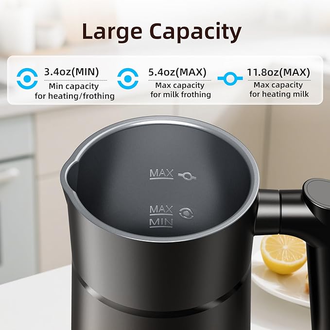 Milk Frother, 4 in 1 Electric Milk Steamer, Hot and Cold Foam Maker, 1 min Fast Frothing, 11.8 oz/350 mL Milk Warmer, Frother for Latte, Cappuccino, Temperature Control, Auto Shut-Off