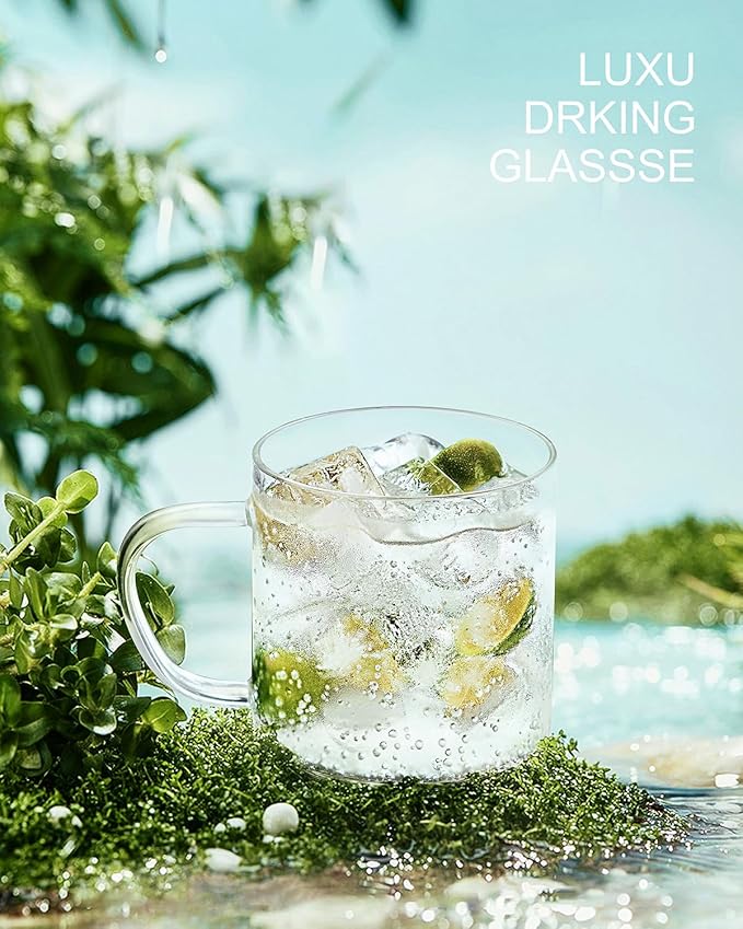 LUXU Glass Coffee Mugs Set of 4,14 oz Clear Coffee Cups,Hand Blown&Seamless Design,Heat Resistant and Explosion-Proof,Lightweight Tea Mugs with Anti Scald Handle Ideal for Home,Cafe