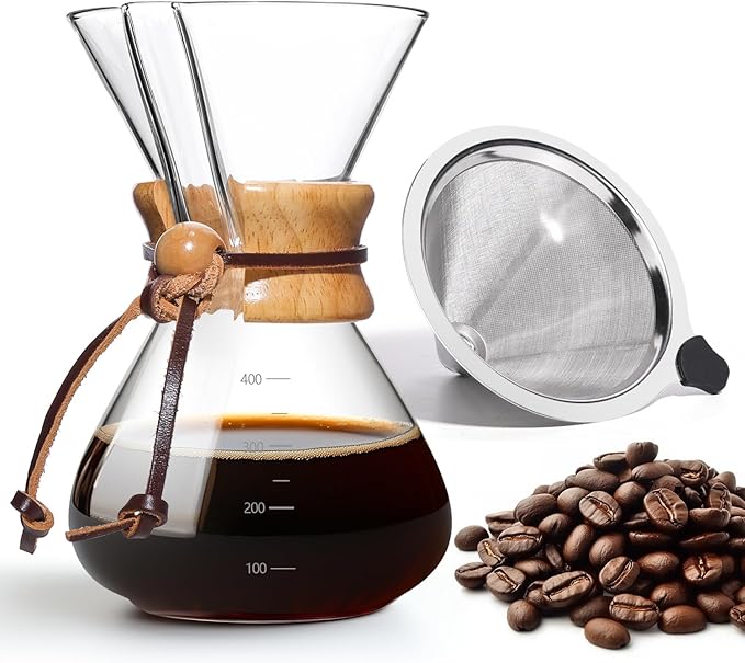 Pour Over Coffee Maker 14 OZ, 4 Cup Borosilicate Glass Drip Coffee Maker with Reusable Stainless Steel Filter and Cork Grip for Home Café 400 ML
