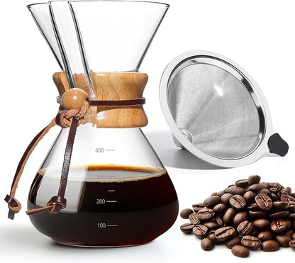 Pour Over Coffee Maker 14 OZ, 4 Cup Borosilicate Glass Drip Coffee Maker with Reusable Stainless Steel Filter and Cork Grip for Home Café 400 ML