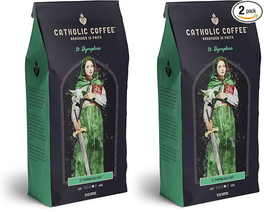 Catholic Coffee St. Dymphna | Half Decaf Medium Roast Ground Coffee – Nutty & Citrus Notes | 12oz Bag – Catholic Gift Offering Peace and Balance (Pack of 2)