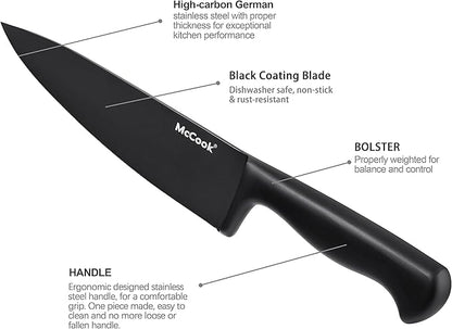 McCook® Premium Black Knife Sets,German Stainless Steel Kitchen Knives Block Set with Built-in Sharpener