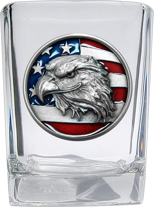 Heritage Pewter Eagle with Flag Square Shot Glass | Hand-Sculpted 1.5 Ounce Shot Glass | Intricately Crafted Metal Pewter Inlay