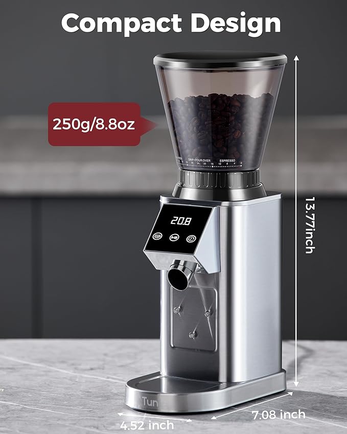 Tuni G1 Conical Burr Coffee Grinder, 48 Grind Settings Anti-static Burr Mill, Precision Electronic Timer and LED Touchscreen for Espresso/Drip/Cold Brew/French Press, Stainless Steel, Silver