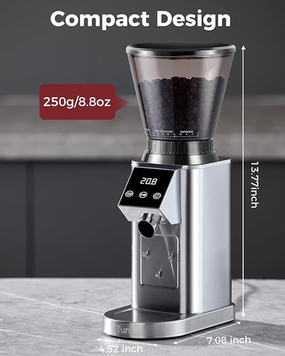 Tuni G1 Conical Burr Coffee Grinder, 48 Grind Settings Anti-static Burr Mill, Precision Electronic Timer and LED Touchscreen for Espresso/Drip/Cold Brew/French Press, Stainless Steel, Silver