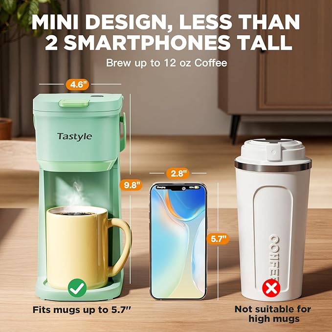 Single Serve One Cup Coffee Maker, for K Cups and Grounds, Mini Coffee Maker with Portable Handle, 6 to 12 Oz Brew Size, for Travel, Camping, Office, RV and Dorm, 120V, Oasis