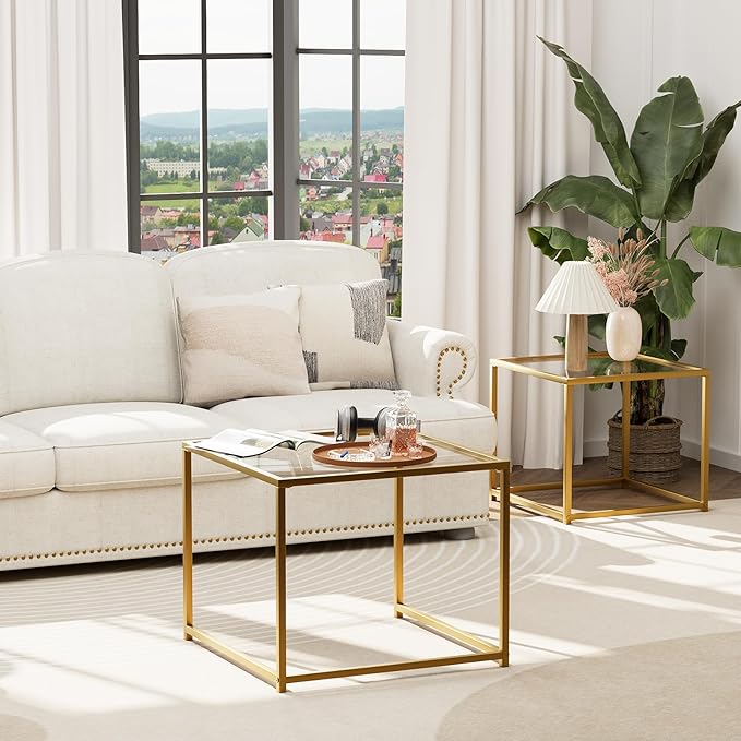 VILAWLENCE Coffee Table Set of 2, Modern Gold Glass Side Table, Metal Frame Square End Table, Center Tables, Nesting Coffee Table for Living Room, Bedroom and Small Spaces, 23.6in