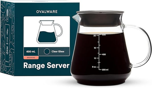 Glass Range Coffee Server For Pour Over Coffee & Tea - 600ml/20oz Ovalware Microwave Safe & Heatproof 2.5mm Thick Glass Body
