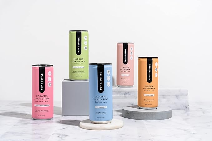 Pop & Bottle, Oat Milk Lattes - Maca, Antioxidants, Ashwagandha, MCT Oil, Collagen, Mushrooms, Organic, Dairy & Gluten Free, Great as Iced Coffee, Lightly Sweetened with Dates - 8 Fl Oz (15 Pack)