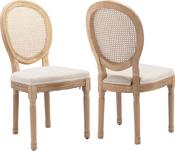 French Country Dining Chairs Set of 2, Beige Cane Back Rattan Dining Chairs with Linen Upholstered Seat, Solid Wood Legs, Farmhouse Kitchen & Dining Room Chairs, Sillas De Comedor (Beige, 2Pcs)