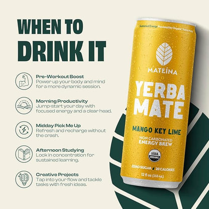 Mateina Yerba Mate Zero Sugar Energy Drink – 120mg Natural Caffeine – Organic, Non-GMO, Non-Carbonated – Dr. Andrew Huberman Recommended – 12 Pack (12oz Cans) (12 Pack, Mango Key Lime)