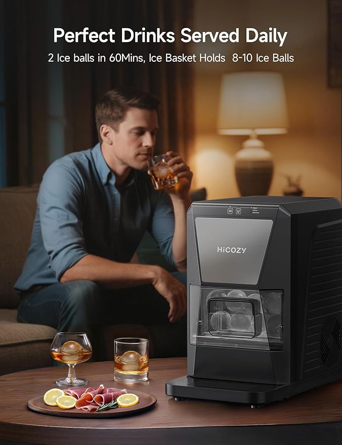 HiCOZY B1 Clear Ice Ball Maker Countertop,Sphere Ice Maker with IcyGem Technology,2 Ice Balls in 60Mins,40 pcs/Day, Self-Cleaning Ice Machine with Ice Tong for Cocktails, Whiskey & Bourbon