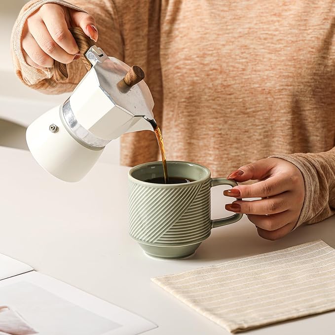 Stackable Coffee Mugs Set: 13 oz Ceramic Stacking Cups for Cappuccino Latte Tea - Microwave Safe Mug for Home & Office - 4 PCS, 4 Color Assorted