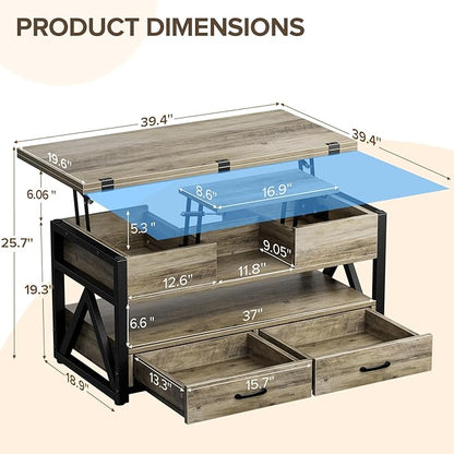 40" Lift Top Coffee Table,4 in 1 Multi-Function Lift Coffee Tables with Storage Drawers and Hidden Compartmen,Farmhouse Coffee Table with Lifting top for Living Room,Grey