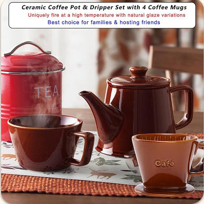 Wild Lily's Spring 22 Oz Vintage Ceramic Pour Over Coffee Maker Set with 4 Coffee Mugs, Ceramic Coffee Pot & 3-Hole Dripper Set, Perfect for 3-4 People at Home, in Cafés and Restaurants (Caramel)