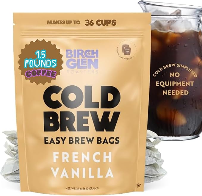 Birch Glen Roasters Cold Brew Coffee Bags - 12 Pack of Coarse Ground Coffee Filter Pitcher Packs for Easy Brewing - 100% Arabica - Yields 6 Pitchers - French Vanilla Flavor