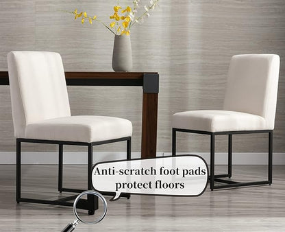 CIMOTA Modern Linen Dining Chair Set of 2, Mid Century Dining Room Chairs Fabric Upholstered Armless Side Chair with Black Sled Base for Dining Room, White Cream 2PCS