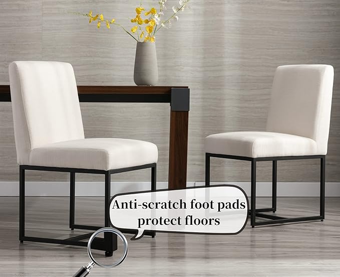 CIMOTA Modern Linen Dining Chair Set of 2, Mid Century Dining Room Chairs Fabric Upholstered Armless Side Chair with Black Sled Base for Dining Room, White Cream 2PCS